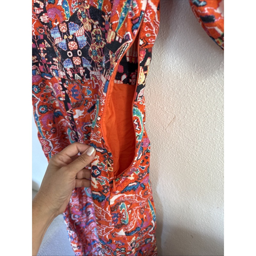 Anthropologie Paisley Midi Dress Womens 6 Orange Red Boho Puff Sleeve Side Slit - Picture 7 of 10